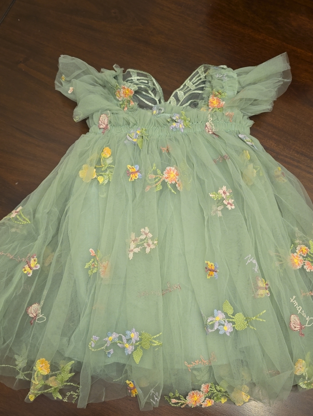 Kids Floral Embroidered Tulle Dress - Sage Green